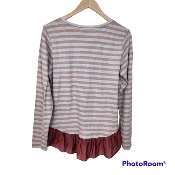 LOGO Lori Goldstein Slub Knit Long Sleeve Ruffle Hem Brown Stripe Top Sz M - Picture 6 of 6